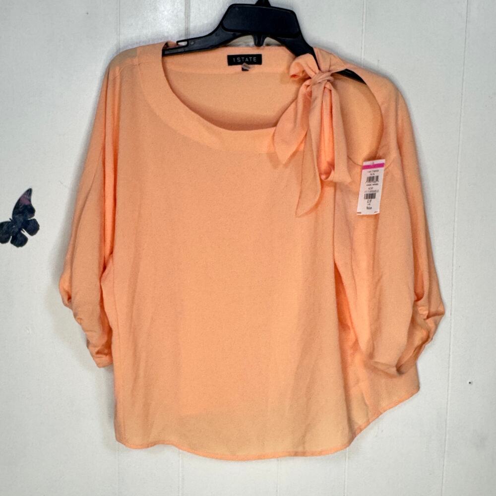 1.State Womens Blouse Size Medium Orange Semi Sheer Cut Out Tie Neckline‎ New
